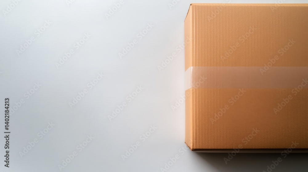 Aufkleber A cardboard box sealed with tape rests on a clean white surface, illuminated by soft natural light, emphasizing its texture and creating a sense of simplicity