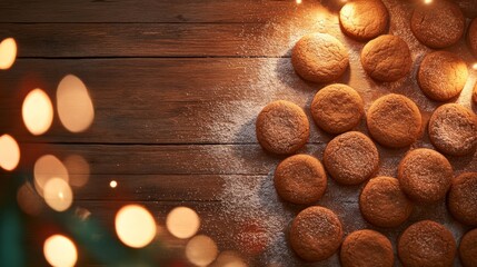 Naklejka premium Gingerbread cookies are beautifully arranged in a circular pattern on a festive table, enhanced by warm lighting and red and green holiday accents perfect for Christmas