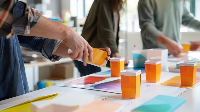 A team of designers creating packaging prototypes for a new energy drink brand