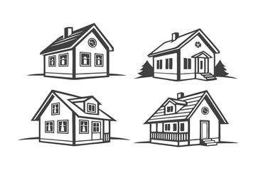 Fototapeta premium Modern house line art, black and white architectural illustrations on a white background 