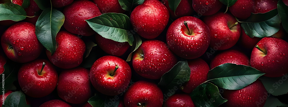 Poster red apples with leaves, closeup with top view, red apple patterns, top view of bright ripe fragrant 