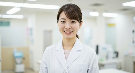 Fototapeta premium Smiling Asian doctor wearing white coat in hospital