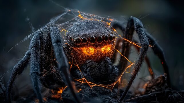 Wise anansi close-up of spider's intelligent eyes glowing in nature captured in a dark environment