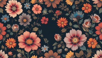 Vibrant Folk Art Floral Pattern Intricate Blossoms on Dark Background