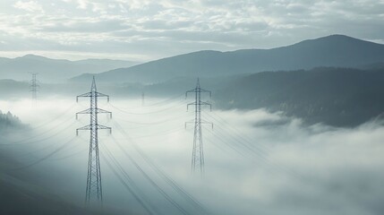 Mountain fog sunrise power lines energy landscape