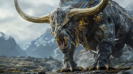 Majestic beast roaring in the mountains fantasy creature art dramatic landscape closeup view mythical concept