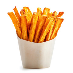 Golden and crispy sweet potato fries with a light seasoning and perfect crunch, isolated white background, hyperrealism art style