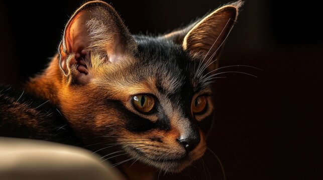 Closeup of a peterbald cat's unique ears in warm lighting indoor setting high-quality photography artistic angle