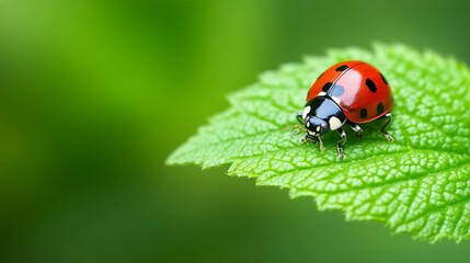 Fototapeta premium Close-up of a ladybug on a vibrant green leaf, set against a blurred green background.
