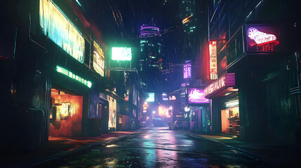Cyberpunk streets illustration, futuristic city, dystopic artwork at night, 4k wallpaper cyberpunk style. futuristic cyberpunk, neon lights, digital illustration
