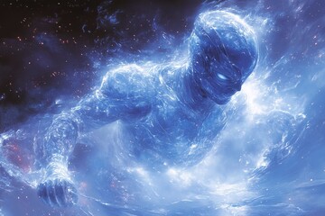 Fototapeta premium A man in a superhero costume stands in the rain, his hands covered in blue lightning bolts radiating in different directions.