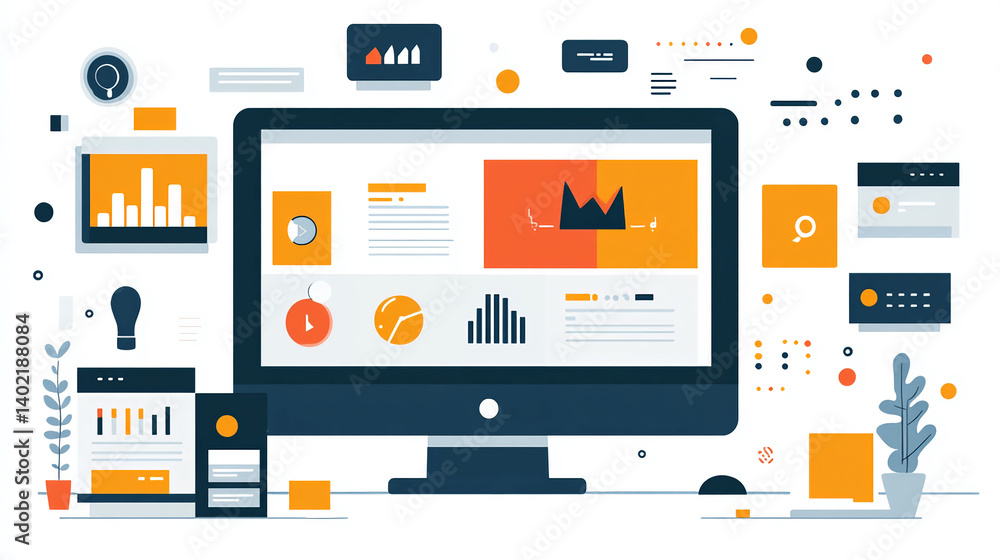 Poster website dashboard analytics data visualization computer screen interface design concept vector illus