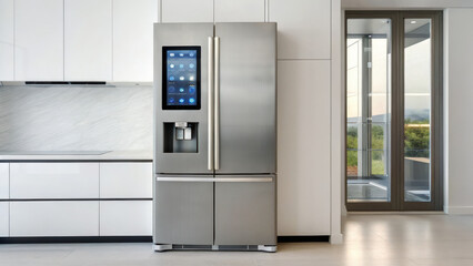 modern smart fridge stands elegantly in sleek kitchen, showcasing its advanced features and stylish design