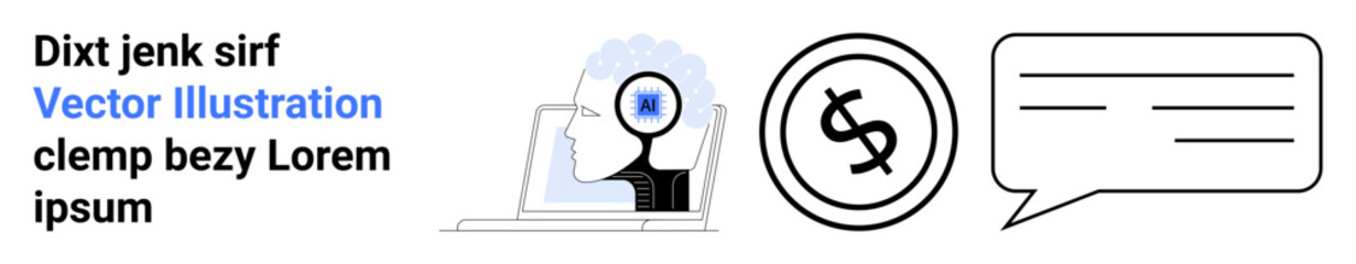 Profile head with brain and gear over laptop symbolizes thinking and technology, dollar coin for business value, speech bubbles for communication and discussions. Ideal for tech, education, finance