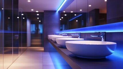 Straight-on view of a contemporary restroom featuring three glossy white basins on a floating vanity, highlighted by sleek chrome fixtures and blue LED accents