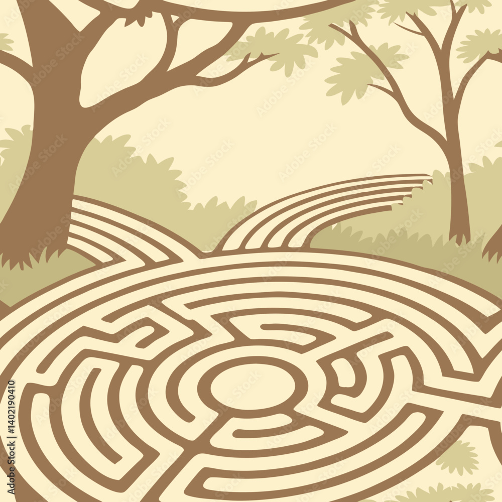 Poster elegant maze vector seamless pattern surrounded by trees in subtle colors