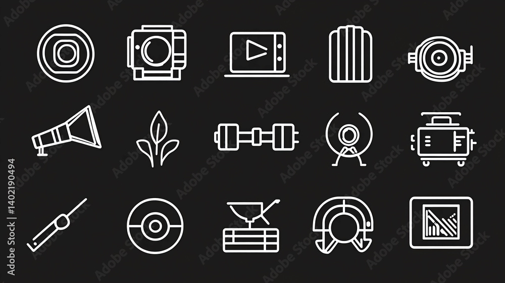 Poster stock vector icons set collection of various symbols in white line style on black background isolate