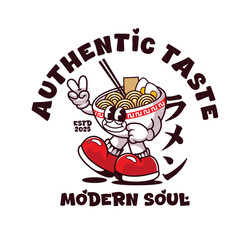  Funny cartoon character of Ramen. Can be used as Sticker, posters, prints. Retro cartoon style. Vector illustration