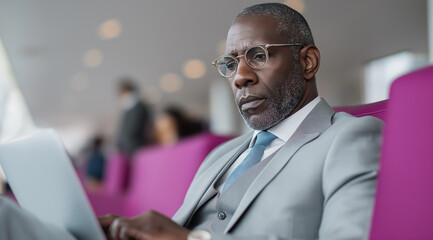 Fototapeta premium Full-body profile photograph of an African businessman in a grey suit working on a laptop while sitting in a purple airport lounge. Luggage is next to him, and people are walking b