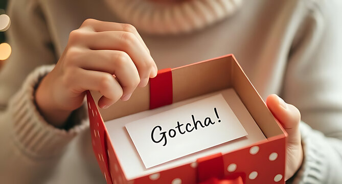 funny surprise gift box reveal moment with gotcha card