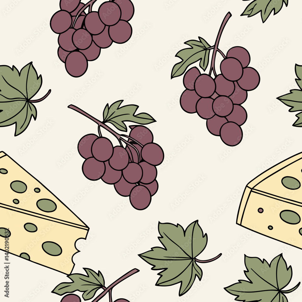 Poster Seamless vector pattern of grapes and cheese on a light background  