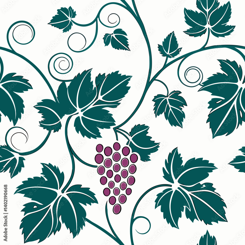 Poster seamless grapevine vector pattern with green leaves on light background