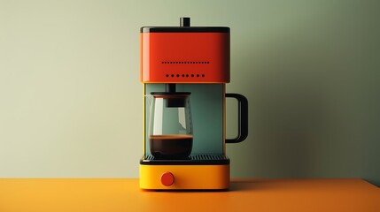 Modern Coffee Brewing Setup: A Unique Coffee Maker and Colorful Mugs on a Vibrant Background.