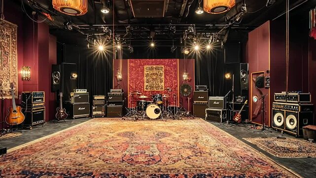 Spacious recording studio with vintage amps, drum kit, and ornate rug