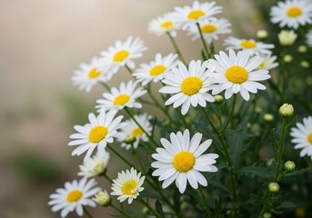 With bright yellow centers and green stems, a cheerful cluster of white daisies is captured with a shallow depth of field in a natural setting