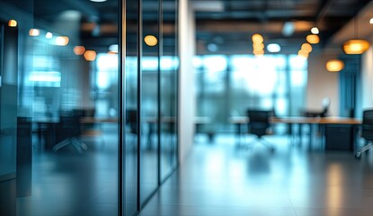 A blurry view of a modern office space with glass walls and a view of the outdoors