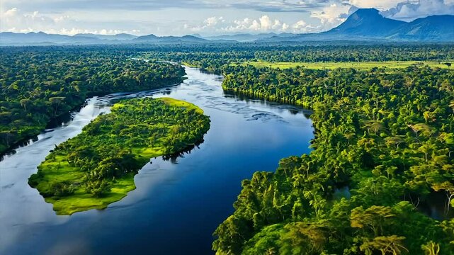 Serene river meanders through lush rainforest, mountains in distance