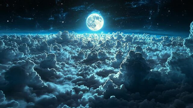 Dramatic moonscape with glowing full moon shining above a sea of billowing clouds against a starry night sky background - Powered by Adobe