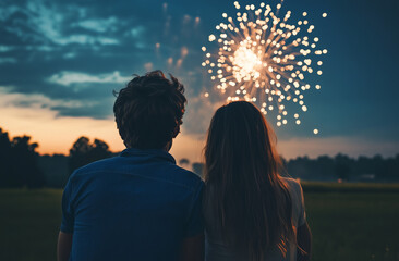 Couple Looking At Firework Display At Night, Couple is watching fireworks display together while night, Fireworks display, A couple, Celebration, Firework background.
