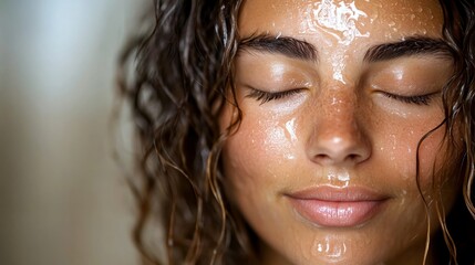Fototapeta premium A woman with damp hair splashes water on her face, eyes closed and smiling subtly as morning light enhances her fresh, glowing skin during her skincare ritual