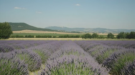 Obraz premium Serene lavender field under a clear sky, rolling hills in the background. Beautiful countryside landscape.