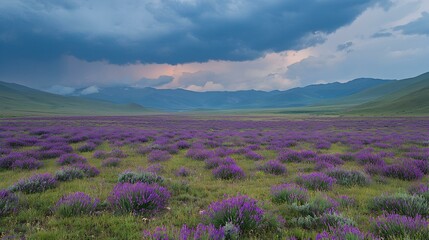 Obraz premium Serene landscape of purple wildflowers under a dramatic sky, mountains in the distance.