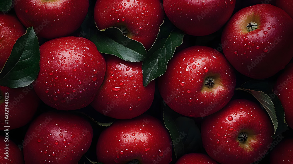 Poster red apples with leaves, closeup with top view, red apple patterns, top view of bright ripe fragrant 