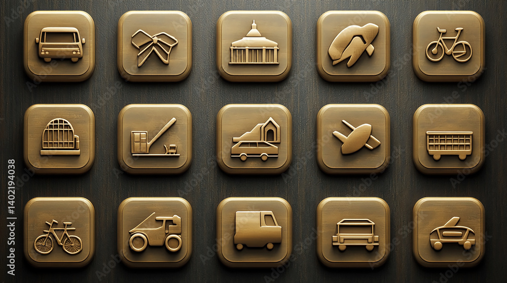 Poster transportation icons set golden metallic style vector design for web and mobile application interfac