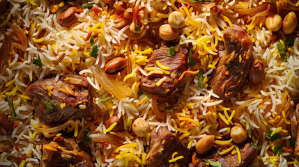 Top-down view of Biryani with meat, onions, and nuts in intricate layers