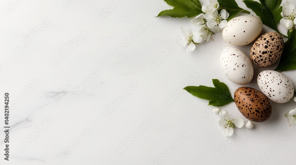 Poster quail eggs are arranged with delicate white flowers and green leaves on a bright background, creatin
