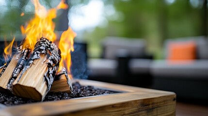 Close-up of burning firewood in a modern outdoor fire pit on a patio.
