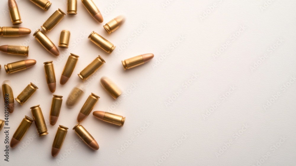 Aufkleber oversized brass-colored bullets are scattered on a bright white surface, creating bold shadows and a