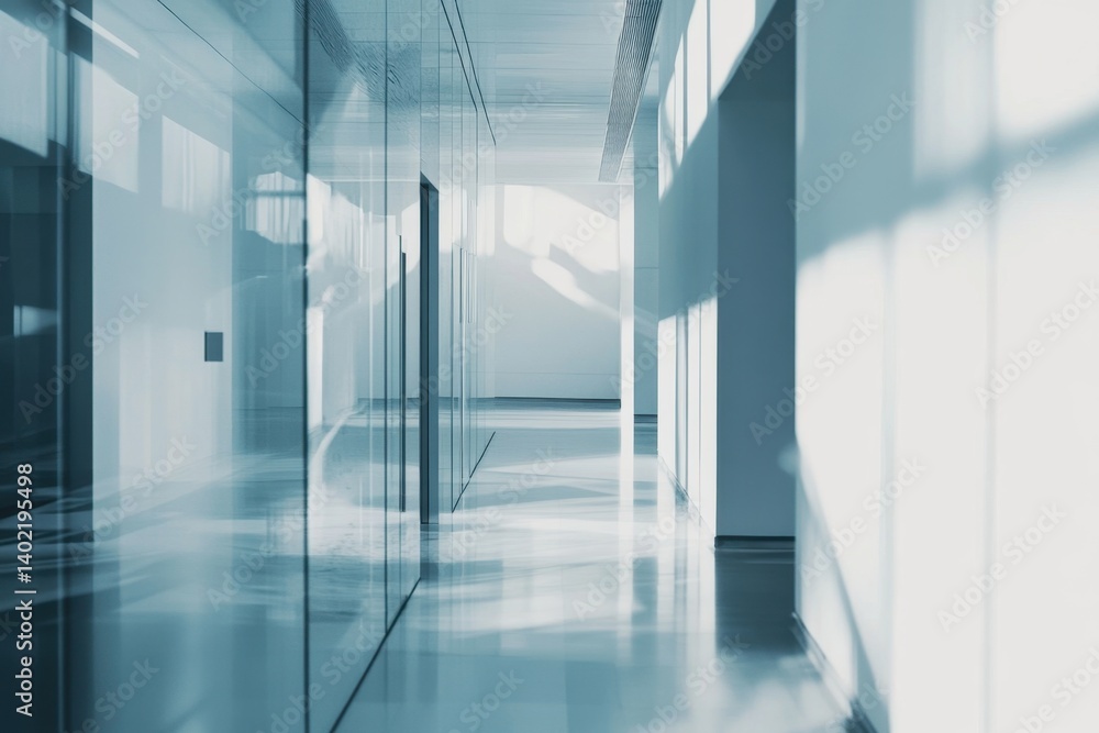 Poster modern, bright office hallway. sunlight streams through large windows creating shadows on the polish
