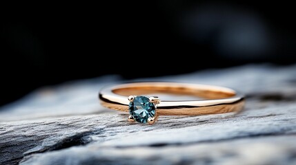 Close-up of elegant gold ring with a teal gemstone resting on weathered wood.
