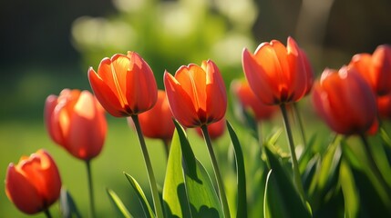 Obraz premium Tulips in a garden with sunlight.