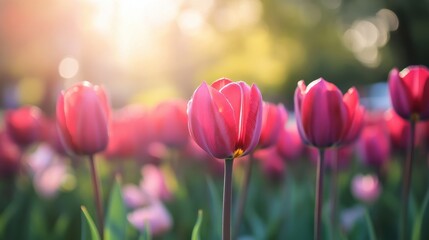 Fototapeta premium Tulips in a garden with sunlight.