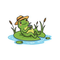 Obraz premium Cute cartoon frog relaxing on a lily pad with a drink in the summer