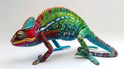 Obraz premium A stunningly vibrant, ultra-detailed digital illustration of a multicolored chameleon, showcasing a kaleidoscope of textures and hues, set against a minimalist white background for dramatic contrast. 