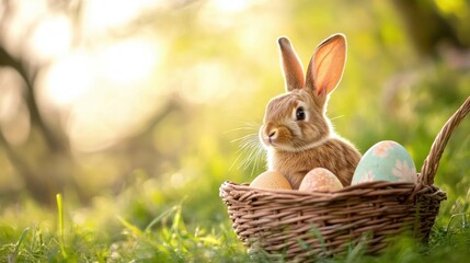 A bunny with Easter eggs in a field.