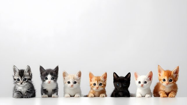 Adorable fluffy kittens in a row, perfect for pet adoption website banners, posters or greeting cards featu cute furry friends with copy space for text.